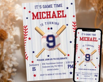 以下が含まれることがあります： 野球をテーマにした誕生日招待状。テキスト「IT'S GAME TIME MICHAEL IS TURNING」、野球ボール、バットの交差。数字の9が目立つ。日付、時間、RSVP情報を含む。