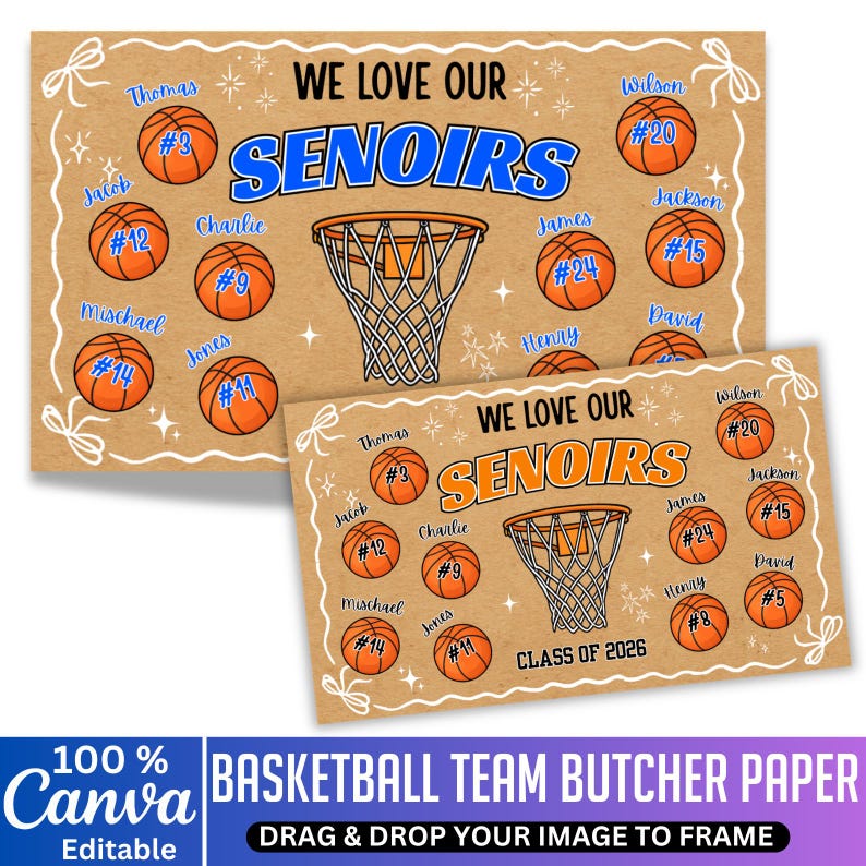 May include: Basketball team butcher paper with a kraft paper background. The design features basketballs with player names and numbers, a basketball hoop, and the text "WE LOVE OUR SENOIRS". The bottom has the text "BASKETBALL TEAM BUTCHER PAPER".