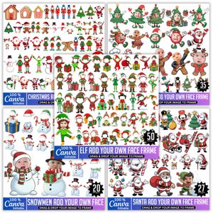 May include: A collection of Christmas-themed digital graphics, including elves, Santas, snowmen, and Christmas trees. The graphics are designed to add faces to the characters. The text "CHRISTMAS ADD YOUR OWN FACE", "ELF ADD YOUR OWN FACE FRAME", "SNOWMEN ADD YOUR OWN FACE", and "SANTA ADD YOUR OWN FACE FRAME" are visible.