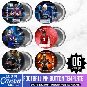 Könnte beinhalten: Eine Sammlung von Football-Pin-Button-Vorlagen. Jeder Button zeigt einen Spieler in Uniform mit Namen und Nummern. Die Buttons haben eine metallisch-silberne Rückseite. Text beinhaltet "Elite Force", "MVP" und "Running Back". Das Design ist mit "06 Design" gekennzeichnet.