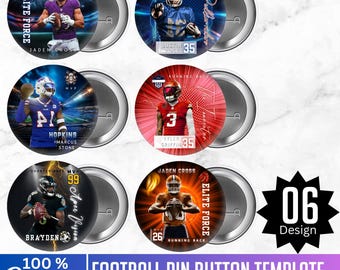 May include: A collection of football pin button templates. Each button features a player in uniform, with names and numbers. The buttons have a metallic silver backing. Text includes "Elite Force", "MVP", and "Running Back". The design is labeled "06 Design".