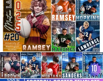 May include: A collage of editable football poster templates. The posters feature young football players with their names, numbers, and team affiliations. The design includes text like "2025" and "Football Poster Template".