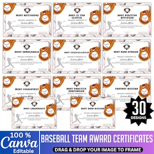 30 mallar för basebollcertifikatutmärkelser, redigerbar Canva-lagfest för baseboll-T-boll, säsongsavslutningsutmärkelser, spelarpresent till Little League