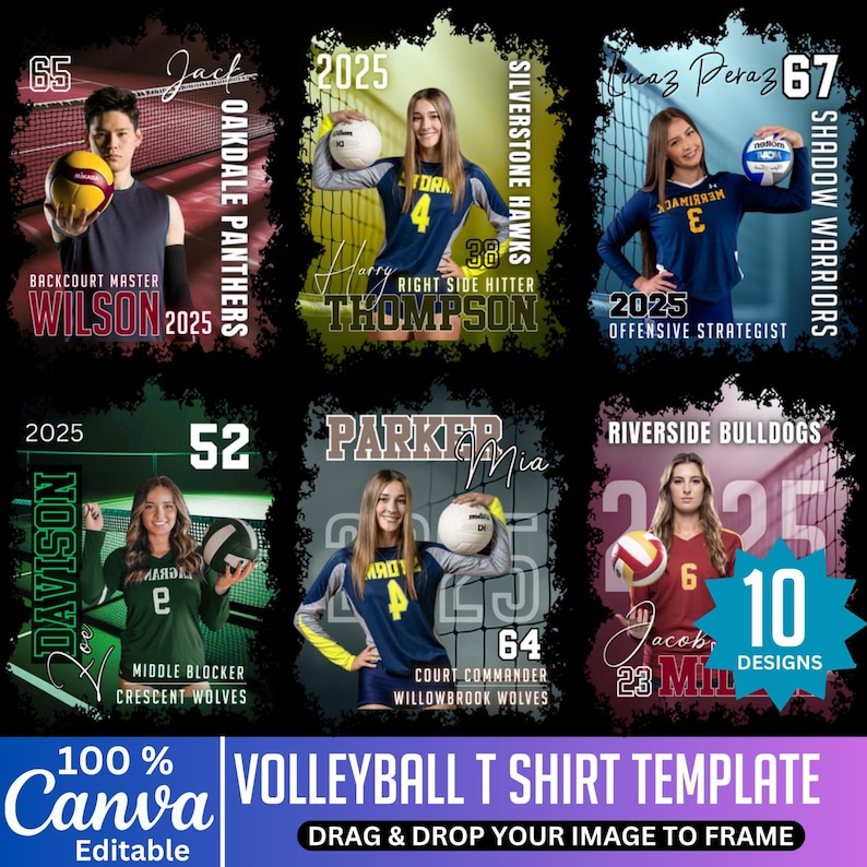 May include: Volleyball T-shirt template with six player designs. Each design features a player's photo, team name, and position. The template includes the text "10 Designs" and "Drag & Drop Your Image to Frame."