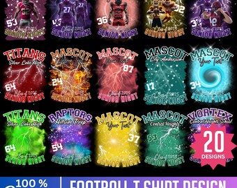 May include: A collection of football t-shirt designs with various graphics, including player illustrations, lightning effects, and team names. The designs feature text like "Mascot," "Senior Night," and editable text areas. The Canva logo is also visible.
