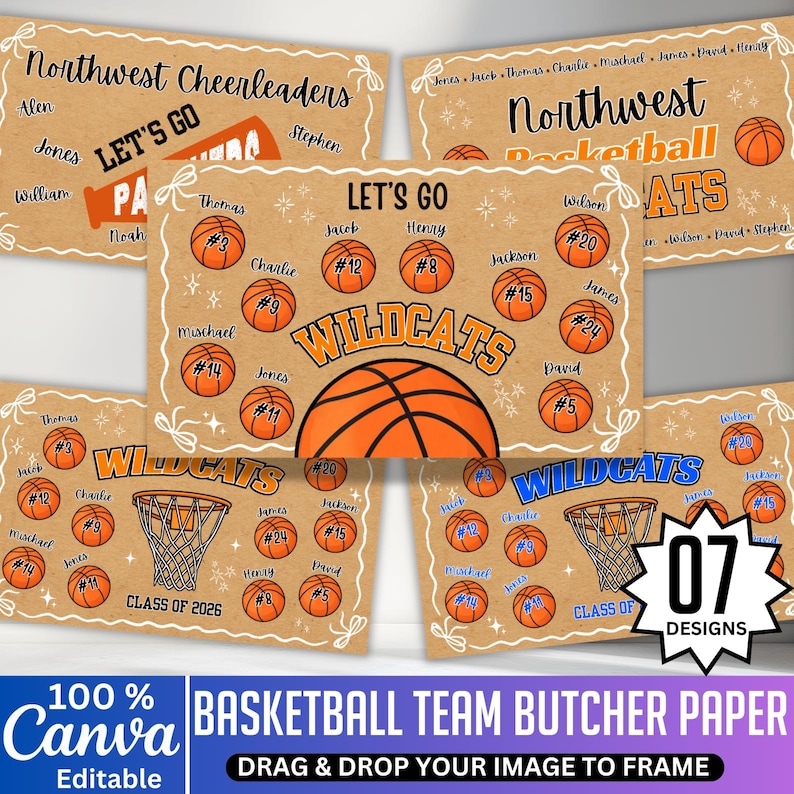 May include: A collection of customizable basketball team butcher paper designs. The designs feature basketballs, team names, player numbers, and the text "LET'S GO" in various layouts. The background is a kraft paper texture.