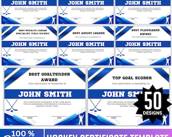 50 Hockey Award Certificates Template, Canva Editable Hockey Team Awards, Hockey Certificates Designs, End of Year Sports Certificates