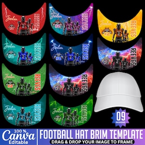 May include: A template for football hat brims with nine different designs. Each brim features a team of football players, the name "Jordan", and the word "Reeves". The brims have a variety of colour schemes, including red, blue, green, and orange.