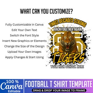 May include: A football t-shirt template featuring a tiger graphic. The design includes the text "THREE DECADES STRONG BACK TOGETHER AGAIN" and "TIGERS YOUR HIGH SCHOOL HERE". The template is fully customisable in Canva.
