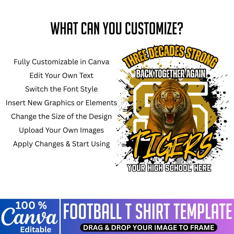 May include: A football t-shirt template featuring a tiger graphic. The design includes the text "THREE DECADES STRONG BACK TOGETHER AGAIN" and "TIGERS YOUR HIGH SCHOOL HERE". The template is fully customisable in Canva.