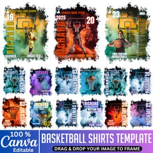 May include: Basketball shirt templates with customizable designs. Each template features a basketball player, team name, and player number. The designs include colorful smoke effects and text like "Match Day" and "Basketball".