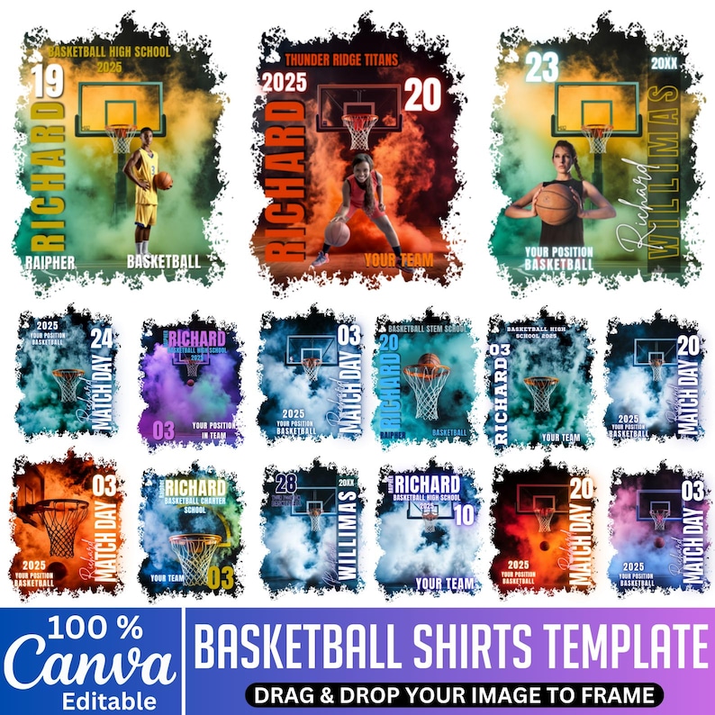 May include: Basketball shirt templates with customizable designs. Each template features a basketball player, team name, and player number. The designs include colorful smoke effects and text like "Match Day" and "Basketball".