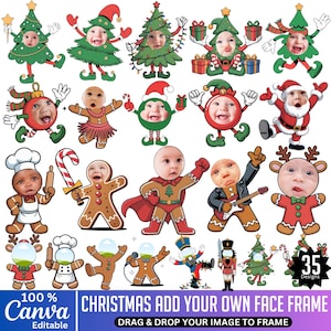 以下が含まれることがあります： クリスマスをテーマにした35のデザインのコレクション。それぞれがお祝いのキャラクターと顔を入れるスペースを備えています。キャラクターには、クリスマスツリー、ジンジャーブレッドマン、サンタクロースなどが含まれます。「CHRISTMAS ADD YOUR OWN FACE FRAME」の文字が見えます。