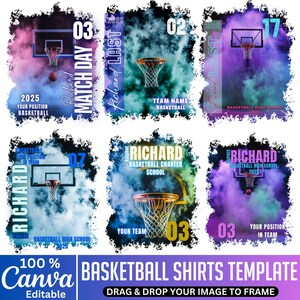 May include: Basketball shirts template with a basketball hoop, ball, and colorful smoke effect. The design includes text such as "Richard", "Basketball High School", and "Match Day". The template is editable in Canva.