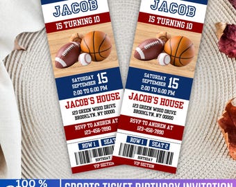 All Star Sports Ticket Invitation, Canva Editable Template, Birthday Party Ticket Invite, Baseball, Football & Basketball, Digital Download