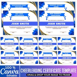 Può includere: Una collezione di modelli di certificati di cheerleading blu e oro. Ogni certificato presenta uno striscione blu con testo come "Migliore performance di cheerleading" e "Cheerleader più energica". I certificati sono per John Smith.
