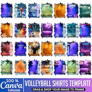May include: A collection of editable Canva volleyball shirt templates. Each template features a design with a player's name, number, and team details, set against a backdrop of dynamic colors and textures. The text "VOLLEYBALL SHIRTS TEMPLATE" is displayed.