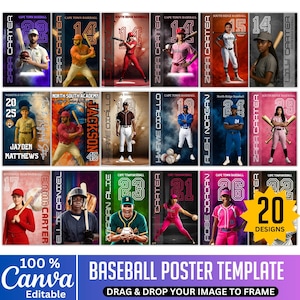 Pacote de modelos editáveis de pôster de beisebol Canva, pôster de beisebol sênior Canva, designs de cartões de beisebol, cenário de beisebol, modelo de esportes