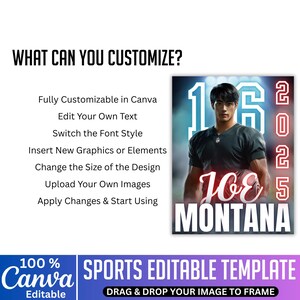 Peut inclure: Mod&egrave;le Canva sur le th&egrave;me du sport avec une image de joueur de football. Le mod&egrave;le comprend le texte "Joe Montana" et l'ann&eacute;e "2025". Enti&egrave;rement personnalisable, il permet de modifier le texte, les polices et d'ajouter des images.