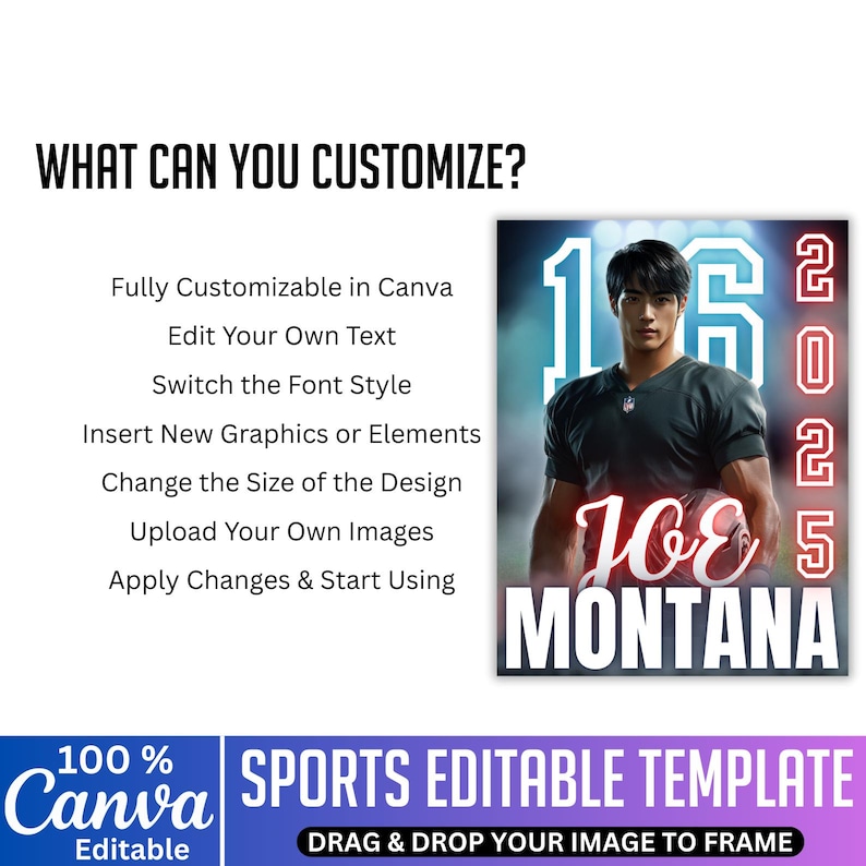 Peut inclure: Mod&egrave;le Canva sur le th&egrave;me du sport avec une image de joueur de football. Le mod&egrave;le comprend le texte "Joe Montana" et l'ann&eacute;e "2025". Enti&egrave;rement personnalisable, il permet de modifier le texte, les polices et d'ajouter des images.