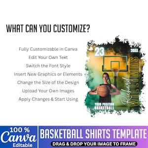 May include: A basketball-themed template with a player holding a basketball, a hoop, and the text "23". The design includes the text "What Can You Customize?" and "Basketball Shirts Template". The Canva logo is also visible.