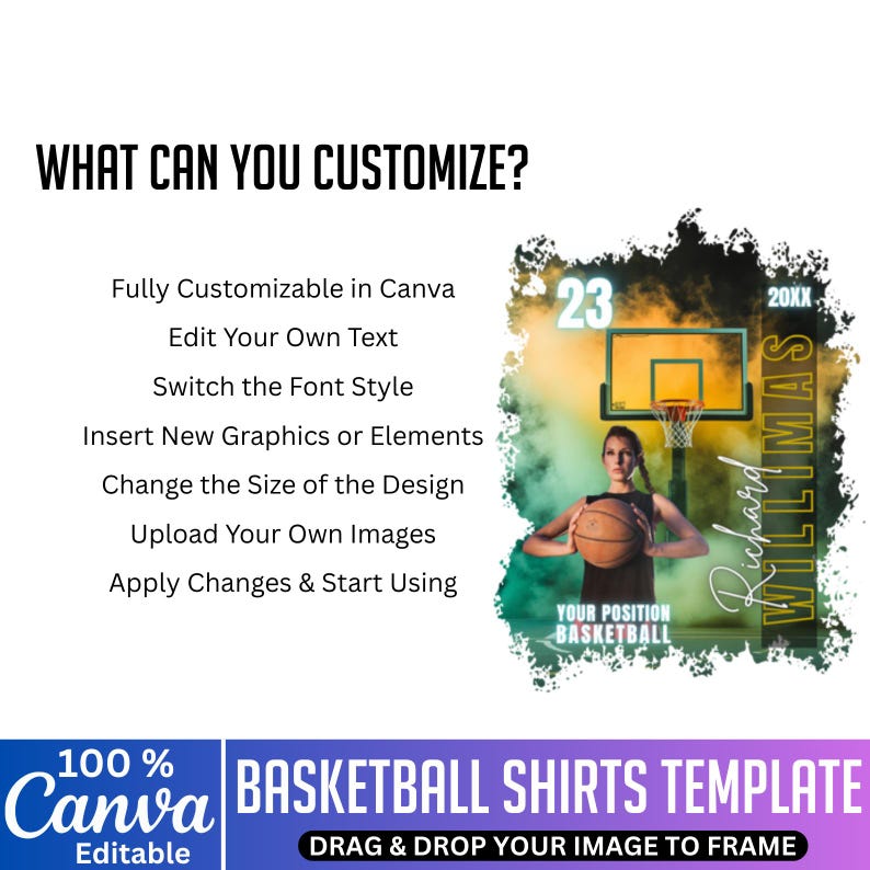 May include: A basketball-themed template with a player holding a basketball, a hoop, and the text "23". The design includes the text "What Can You Customize?" and "Basketball Shirts Template". The Canva logo is also visible.
