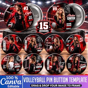 Könnte beinhalten: Eine Sammlung von 15 runden Volleyball-Anstecknadel-Vorlagen mit verschiedenen Athleten in schwarz-roten Trikots, Volleyballfeld-Hintergründen, Spielernamen, Trikotnummern und dem Text Class of 2026, alles in einem digitalen Layout präsentiert.