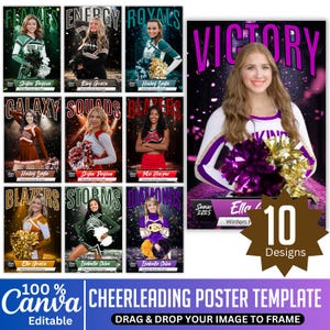 May include: A Canva cheerleading poster template with 10 designs. The image features various cheerleaders in different uniforms, with text overlays such as "Flames," "Energy," and "Royals." The template is editable, allowing users to drag and drop their images.