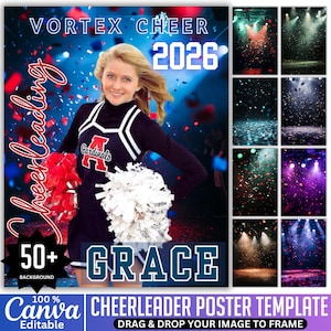 50 Cheerleading Backdrops Bundle, Custom Cheer Digital Background, Cheerleader Poster Canva Editable Template, Senior Cheer Team Poster