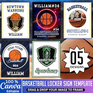 Pode incluir: Modelo de sinal de cacifo de basquete com cinco opções de design. Os sinais apresentam bolas de basquete, nomes de equipas e nomes de jogadores. O texto inclui "Newtown Warriors", "William", "Steal Titans", "Basketball" e "Spartans". O modelo Canva é 100% editável.