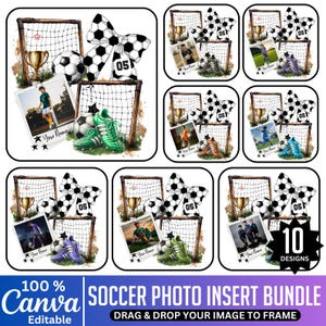 May include: A soccer-themed design bundle featuring soccer balls, nets, cleats, and photo inserts. Includes a soccer ball bow with the number "05" and a gold trophy. The text "10 Designs" is visible.