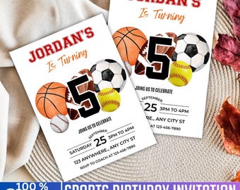 Sports Birthday Invitation, Canva Editable Kids Template, Sports Party Invite, Baseball Football Birthday Invitation, Instant Download