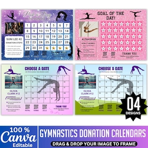 Könnte beinhalten: Vier editierbare Gymnastik-Spendenkalender. Jeder Kalender hat ein anderes Design mit einem Kalenderraster, Gymnastik-Silhouetten und Spendenanweisungen. Die Kalender sind mit Canva anpassbar.