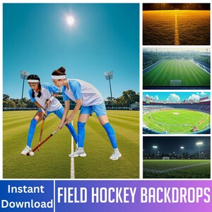 May include: Two people playing field hockey on a green field under a bright blue sky. They are wearing white and blue uniforms and using hockey sticks. The image includes the text "Instant Download" and "Field Hockey Backdrops".