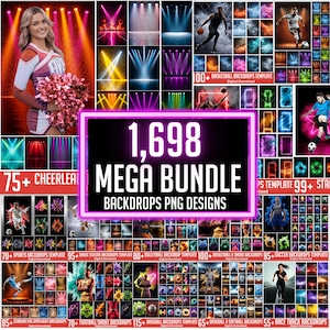 May include: A digital collection of 1,698 sports and event backdrops in PNG format, featuring various themes like cheerleading, basketball, soccer, and volleyball with colorful lighting, smoke effects, and stadium spotlights for graphic design.