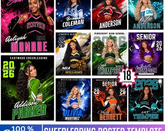 Cheerleading Poster Template, Canva Editable Cheerleading Senior Night Poster, Drag-and-Drop Sports Designs,  Sublimation Team Player Banner
