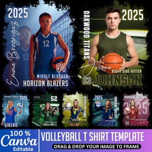 May include: A volleyball t-shirt template with multiple player graphics. The design includes player names, numbers, team names, and the year 2025. The template is editable and designed for Canva, with a 'Drag & Drop' feature.