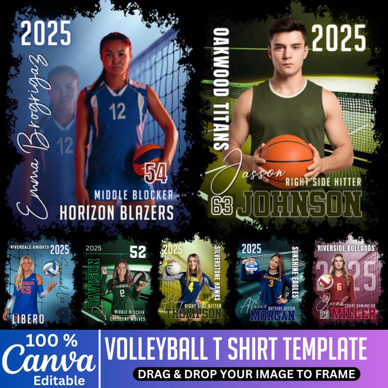 May include: A volleyball t-shirt template with multiple player graphics. The design includes player names, numbers, team names, and the year 2025. The template is editable and designed for Canva, with a 'Drag & Drop' feature.