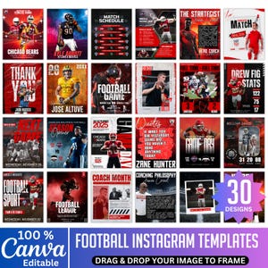 30 Football Instagram Canva Template, Editable Football Soical Media Posts, Game Day Canva Designs, Spotlight Coach, Schedule, Cancellations