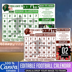 Editable Football Calendar Fundraiser, Canva Football Calendar, Football Pick a Date to Donate, Rugby Sport Calendar Fall Football Schedule