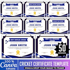 50 Cricket Team Certificate Awards Template, Cricket Award Canva Editable, Cricket Award Certificates, Sports Template Superlatives