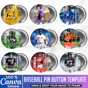 May include: A collection of baseball pin button templates featuring player images, names, and team details. Each button has a metallic silver backing. The text "Baseball Pin Button Template" and "Drag & Drop Your Image to Frame" are also visible.