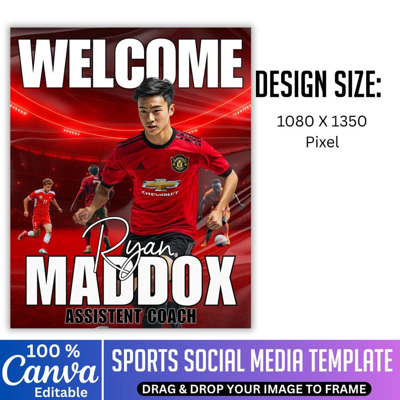 K&ouml;nnte beinhalten: Rote und schwarze Social-Media-Vorlage f&uuml;r Sport mit einem Fu&szlig;ballspieler in einem roten Trikot. Der Text "WELCOME" steht oben, darunter "Ryan Maddox, Assistant Coach". Designgr&ouml;&szlig;e: 1080 x 1350 Pixel. Canva-editierbar.