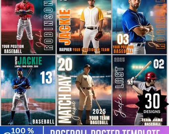 Paquete de plantillas editables de Canva para pósteres de béisbol, pósteres de béisbol senior en Canva, diseños de tarjetas de béisbol, fondos de béisbol, plantillas deportivas