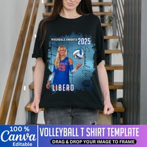 May include: Black t-shirt featuring a volleyball player in a blue and white uniform, with the text "Riverdale Knights 2025" and "Samual Lee 43". The word "LIBERO" is also visible. The bottom of the shirt has the text "VOLLEYBALL T SHIRT TEMPLATE".