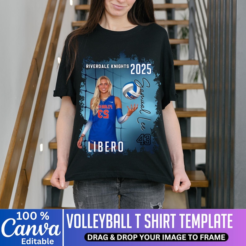 May include: Black t-shirt featuring a volleyball player in a blue and white uniform, with the text "Riverdale Knights 2025" and "Samual Lee 43". The word "LIBERO" is also visible. The bottom of the shirt has the text "VOLLEYBALL T SHIRT TEMPLATE".