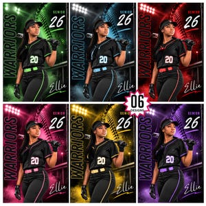 May include: A digital graphic featuring six variations of a softball player wearing a black uniform with the number 20, holding a bat. Each version displays the text WARRIORS, SENIOR 26, and the name Ellie in different neon color accents.