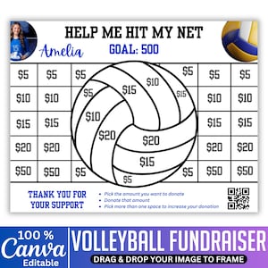 May include: A white and black volleyball fundraiser graphic with the text "Help Me Hit My Net" and "Goal: 500". The design includes a volleyball graphic and donation amounts from $5 to $50. The text "Thank You For Your Support" is also included.