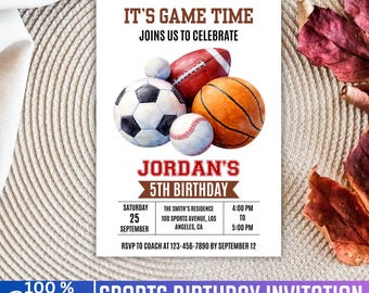 Sports Birthday Invitation, Canva Editable Kids Template, Baseball Football Birthday Invitation, Sports Party Invite, Digital Download