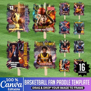 May include: A collection of 16 basketball fan paddle templates. Each paddle features a player image, team name, and school information. The design includes a wooden handle and is customizable with Canva.